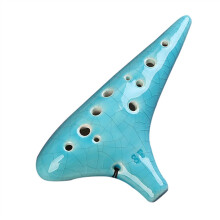 12 Hole Ceramic Ocarina F Tone Pitch Cyan Crackle Glazed Finish Clear Balanced Sound with Lanyard