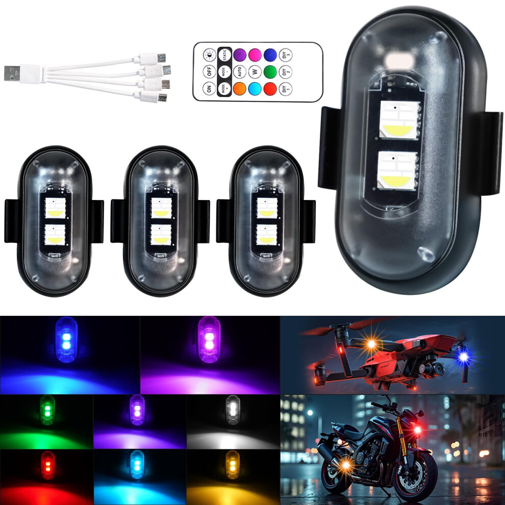 4Pcs Waterproof Wireless Led Strobe Lights With Remote, Usb Rechargeable Multicolor For Cars Drones Bikes 9070919886522