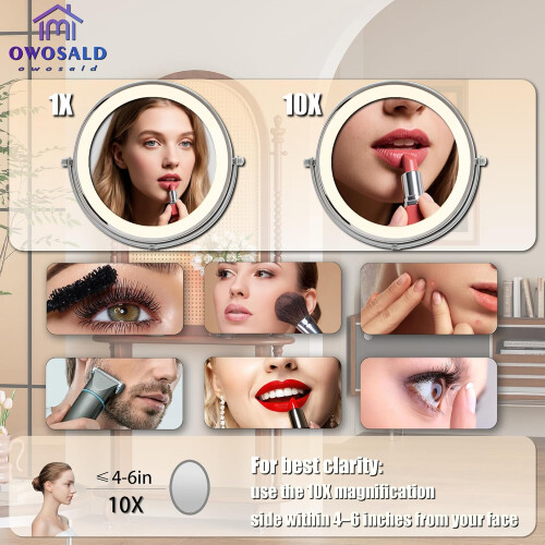 Lighted Makeup Mirror with Adjustable Height, 10X Magnification, USB Rechargeable, 360 Rotation, Black 2
