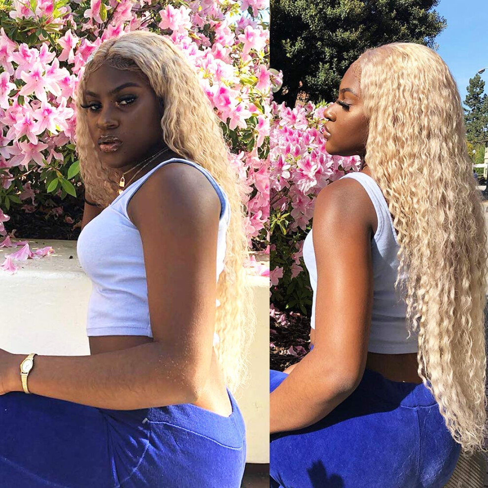 Unisex 613 Blonde Deep Wave 13X6 Lace Front Wig Pre Plucked 100% Human Hair Glueless Natural Hairline