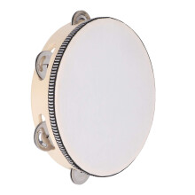 8 Inch Sheepskin Tambourine, Wooden Handheld Drum with Single Row Metal Jingles and Clear Resonant Sound