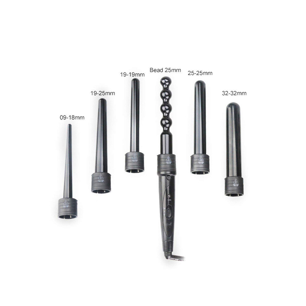 6 in 1 Professional Ceramic Curling Iron with Interchangeable Barrels, Dual Voltage Hair Curler, Black