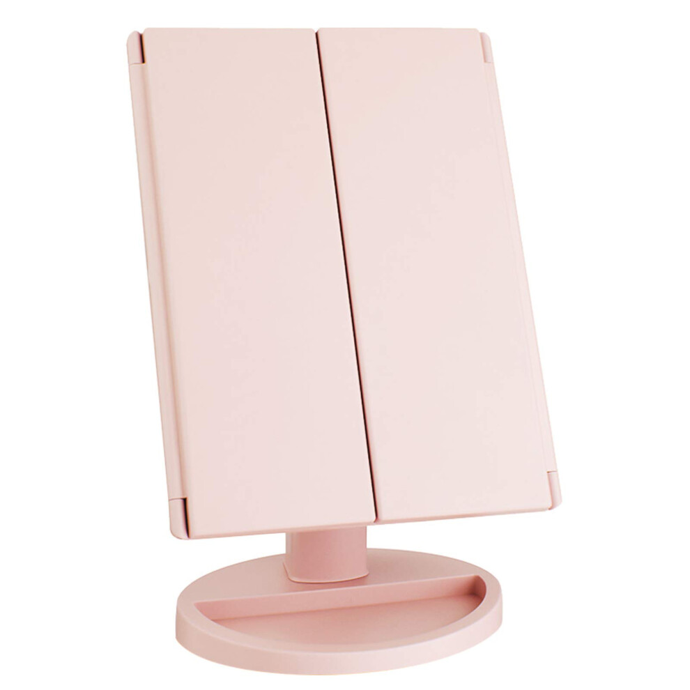 Pink Led Trifold Vanity Makeup Mirror With 3X 2X 1X Magnification, Touch Dimming, Usb Rechargeable,