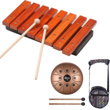 8 Notes Wood Xylophone and Mini 8Tone Steel Tongue Drum Set, Handcrafted Durable Design, Rich Sound