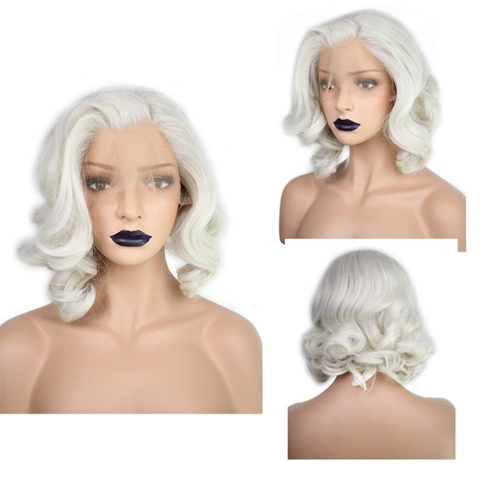Platinum Blonde Short Body Wave Bob Synthetic Lace Front Wig, Heat Resistant, Natural Hairline