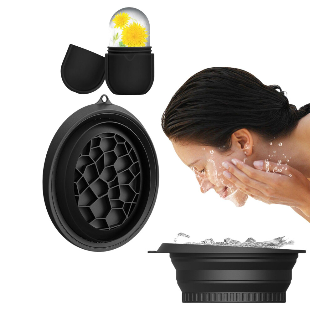 Face Ice Bath Bowl Set with Foldable Basin and Ice Roller for Cold Therapy and Pore Tightening