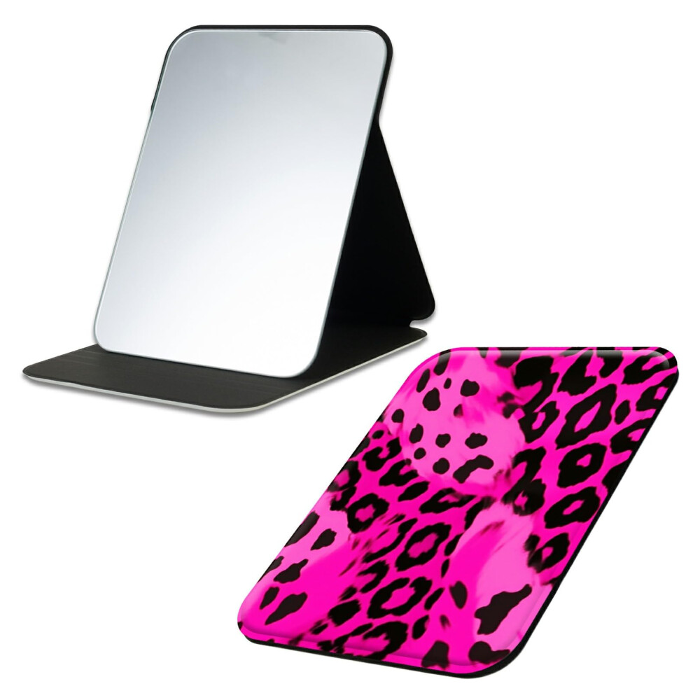 Pink Leopard Pu Leather Travel Makeup Mirror, Compact Folding Vanity Mirror With Adjustable Stand