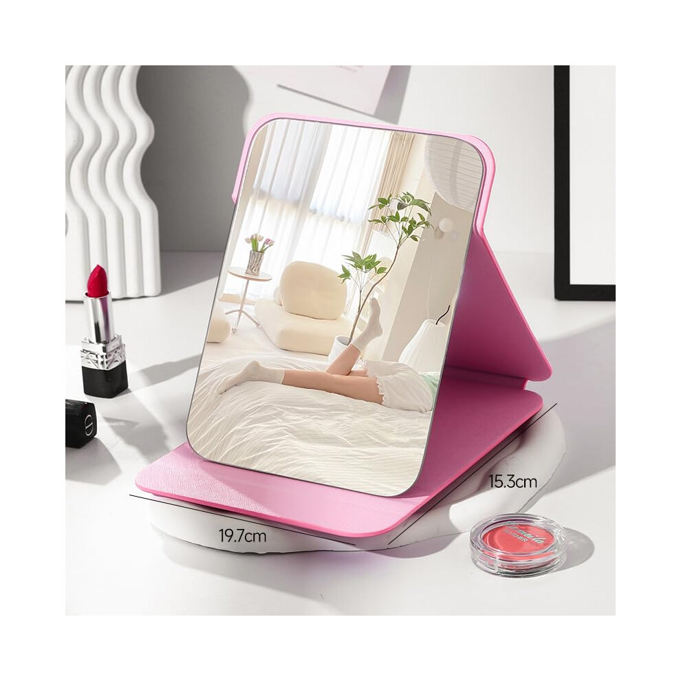 Pink Vanity Mirror With Large Clear Glass, Pu Leather Folding Makeup Mirror For Desk Or Travel