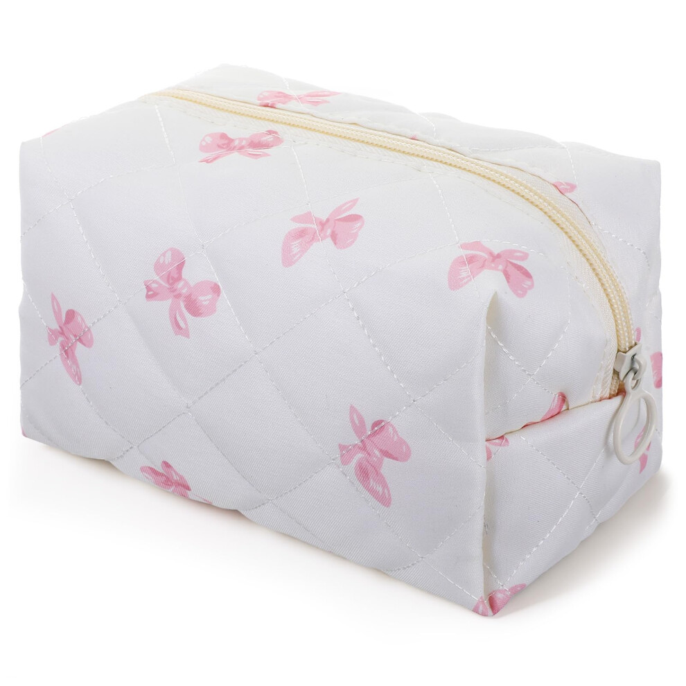 Quilted Makeup Bag with Cute Floral Design and Bow, Travel Cosmetic Pouch and Pencil Case
