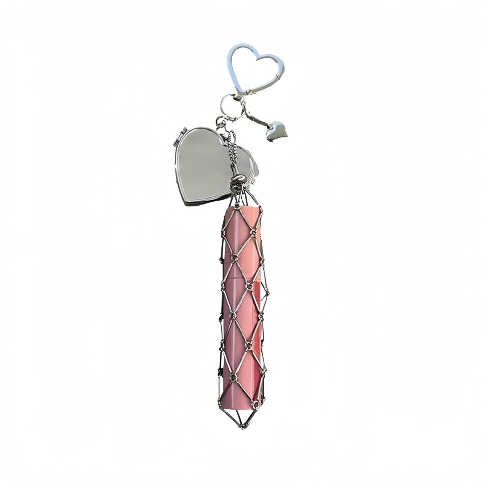 Lip Gloss Holder with Mirror Keychain Organizer for Lip Balm and Lipstick with Heart Charm