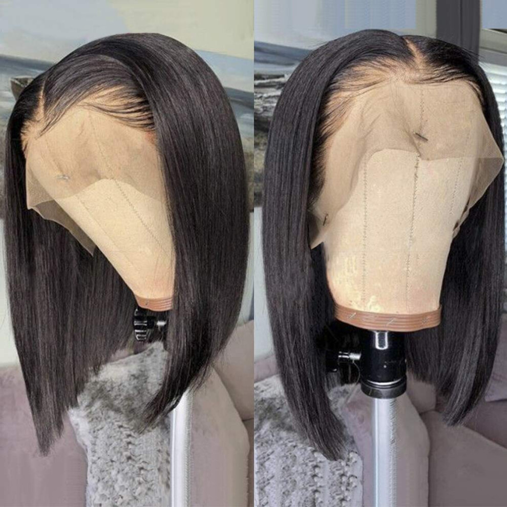 Unisex Black 14 Inch Bob Lace Front Wig Human Hair Glueless Middle Part Natural Hairline For Women