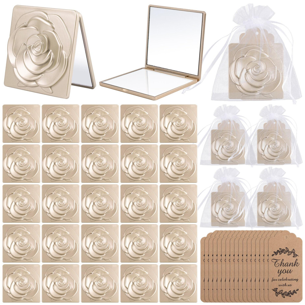 Gold Rose Compact Mirror Wedding Party Favors With Thank You Tags And Organza Bags, 30 Sets