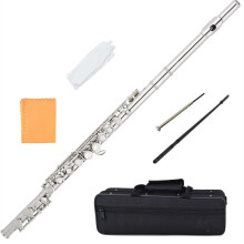 Nickel Plated Student Flute 16 Hole Closed C Key Cupronickel Silver Finish with Case and E Mechanism