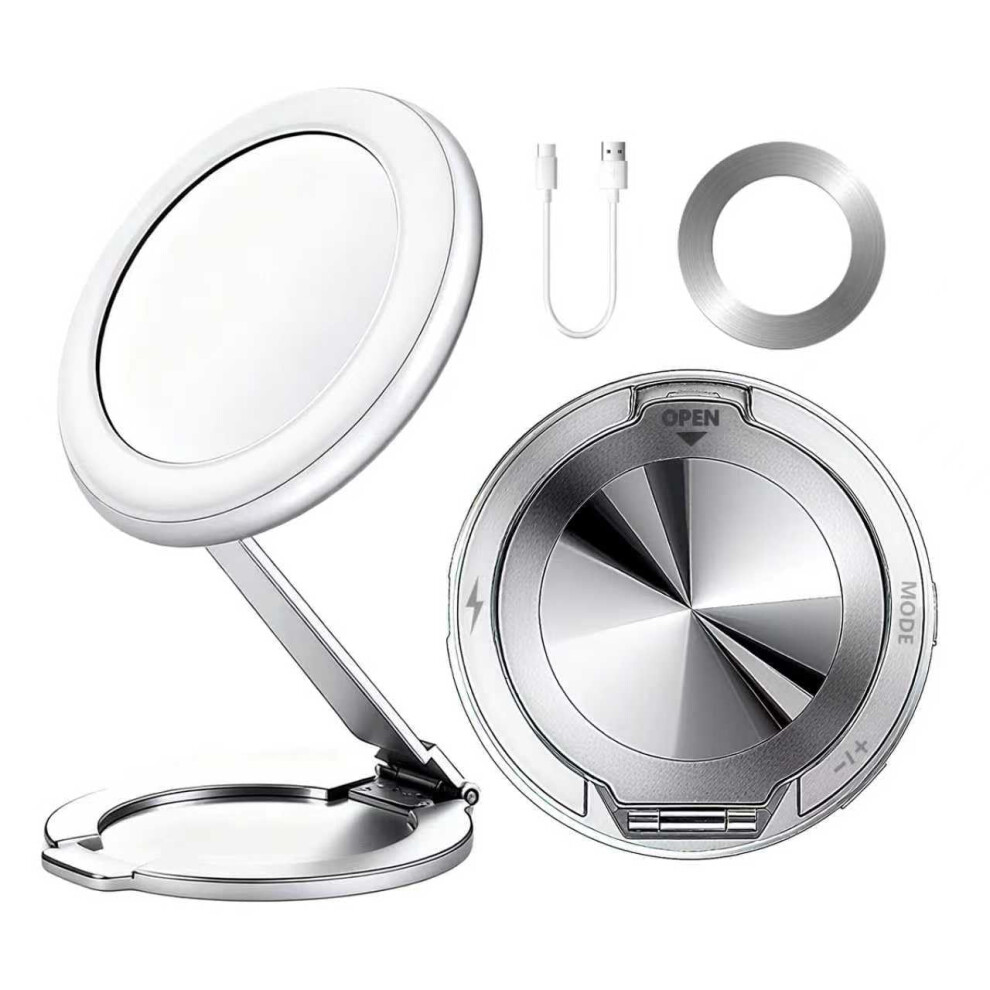 Light Led Makeup Mirror With Phone Stand, Rechargeable 3Color Compact Aluminum Alloy For Travel