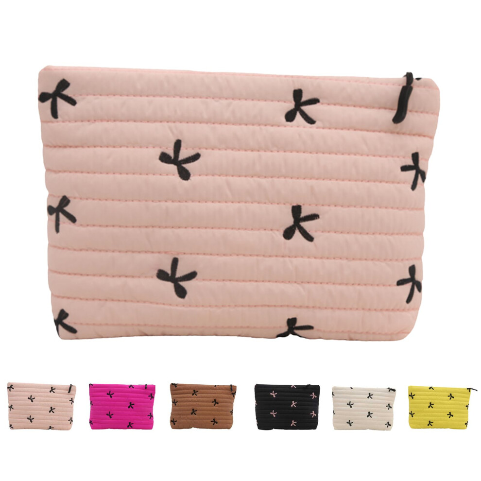 Pink Large Capacity Waterproof Makeup Bag With Cute Bow, Preppy Nylon Cosmetic Organizer For Travel