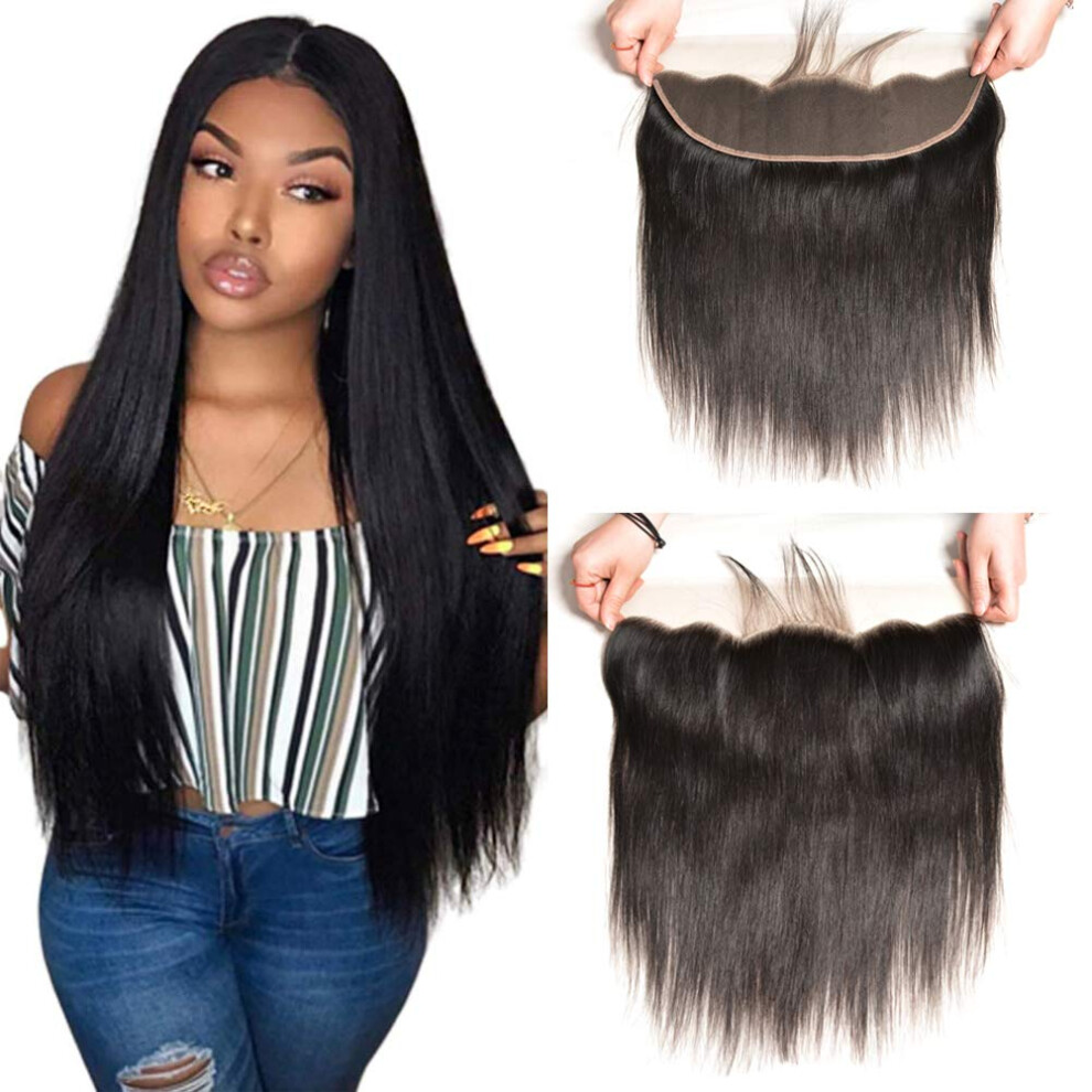 Unisex Black 14 Inch 13X4 Lace Frontal Wig Human Hair Straight Pre Plucked Hairline With Baby Hair Natural