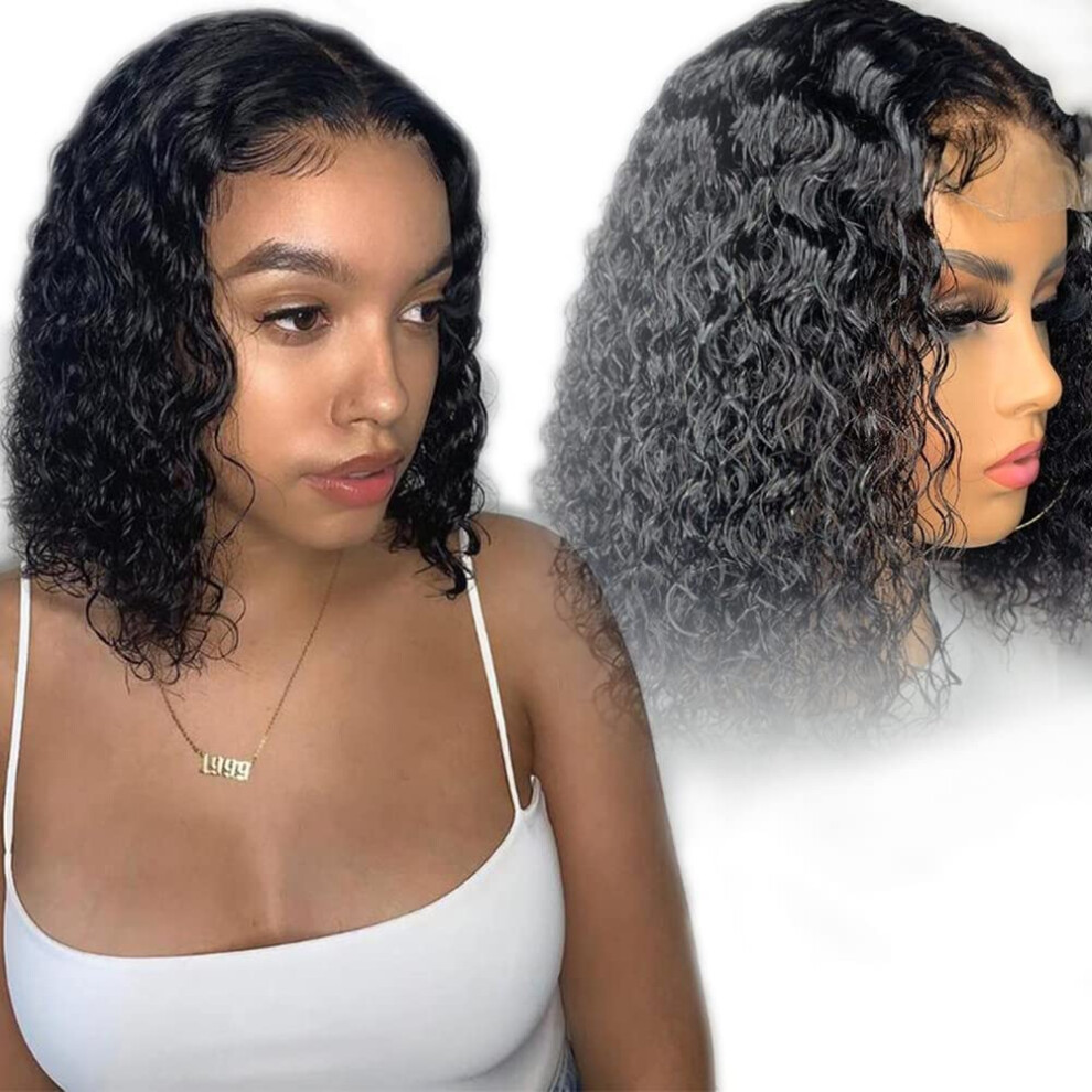 Unisex Black Curly Bob Lace Front Wig 13X4 Brazilian Virgin Human Hair For Women 150 Density Natural Hairline 10 Inch