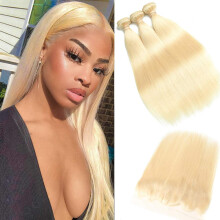 613 Blonde Malaysian Straight Human Hair Bundles with Lace Frontal 30inch Remy Extensions