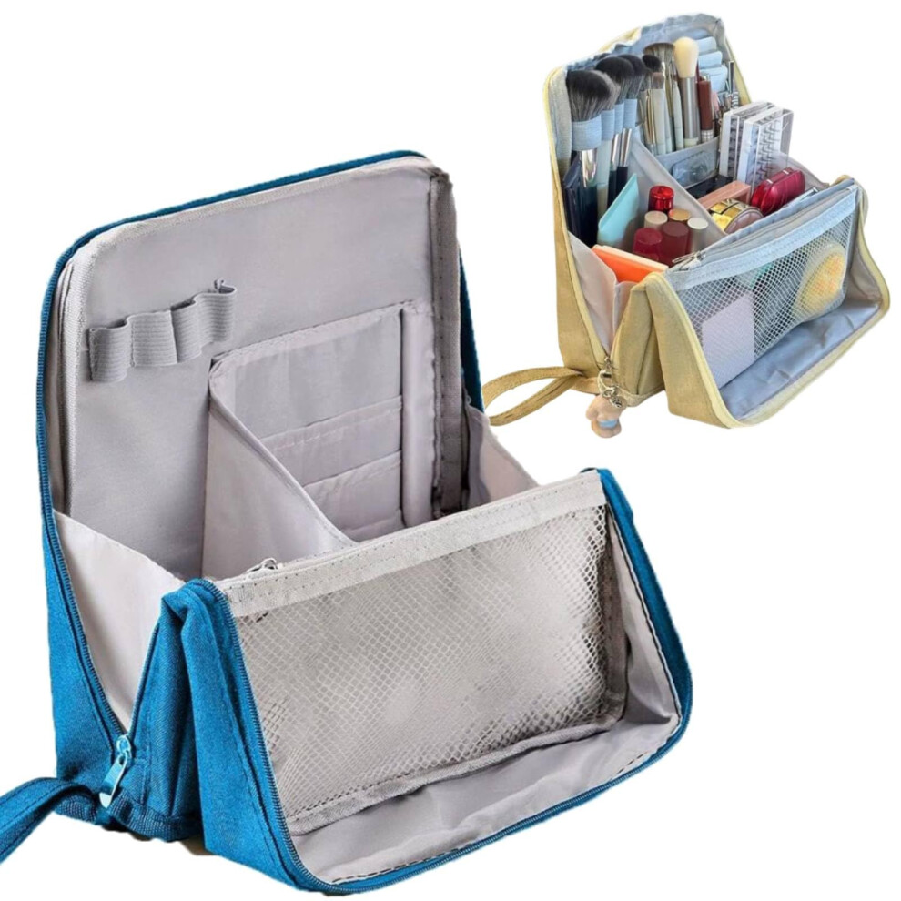 Blue Makeup Bag Waterproof Oxford Cloth Large Capacity Travel Makeup Organizer With Compartments