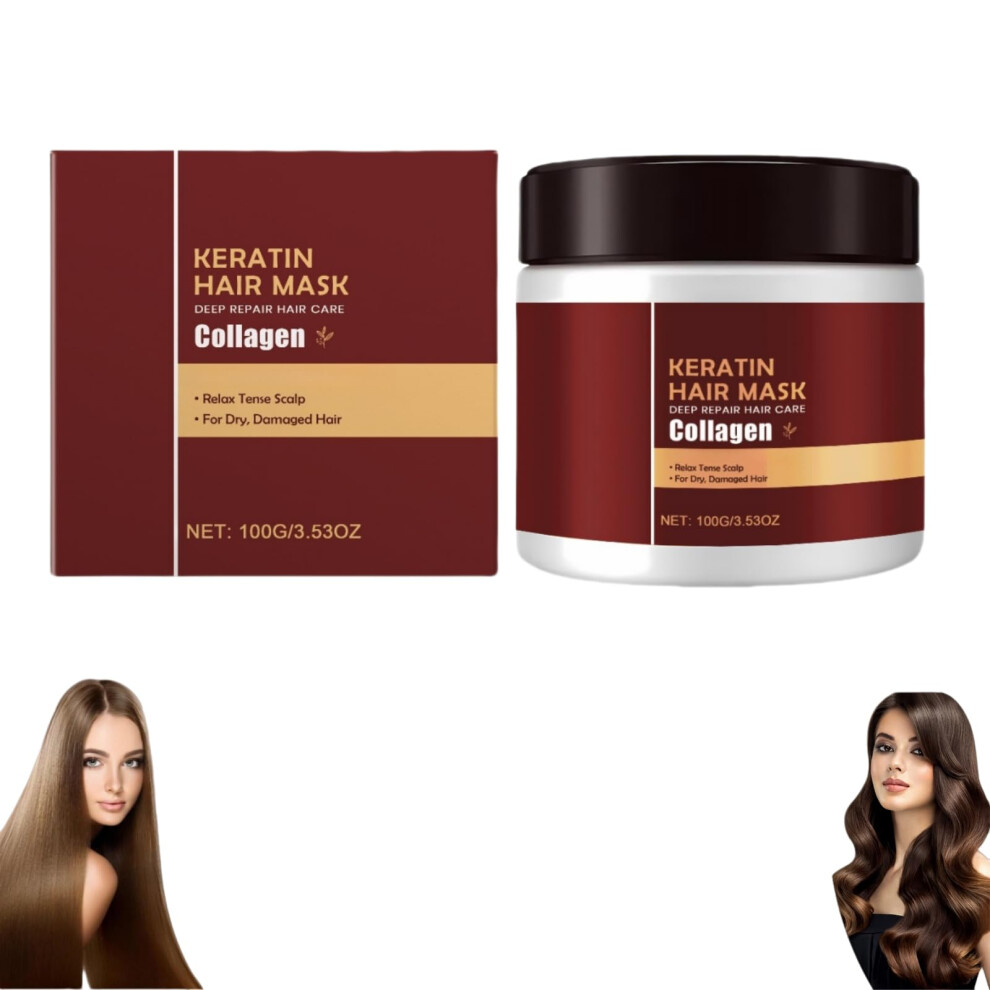 Keratin and Collagen Hair Mask for Dry Damaged Hair with Aloe Vera, Deep Moisture, Frizz Control, Split Ends , 3.53 oz