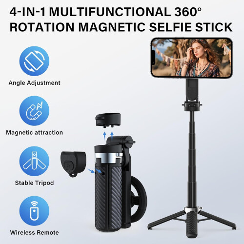 4in1 Magnetic Selfie Stick with Tripod, 360 Rotating Bluetooth Remote, PocketSize for iPhone/Android 2