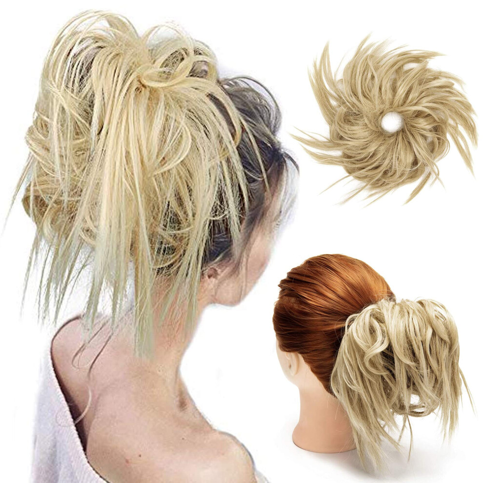 Unisex Dark Messy Bun Hair Piece Synthetic Wavy Hair Bun Extension With Elastic Scrunchie Ginger Blonde