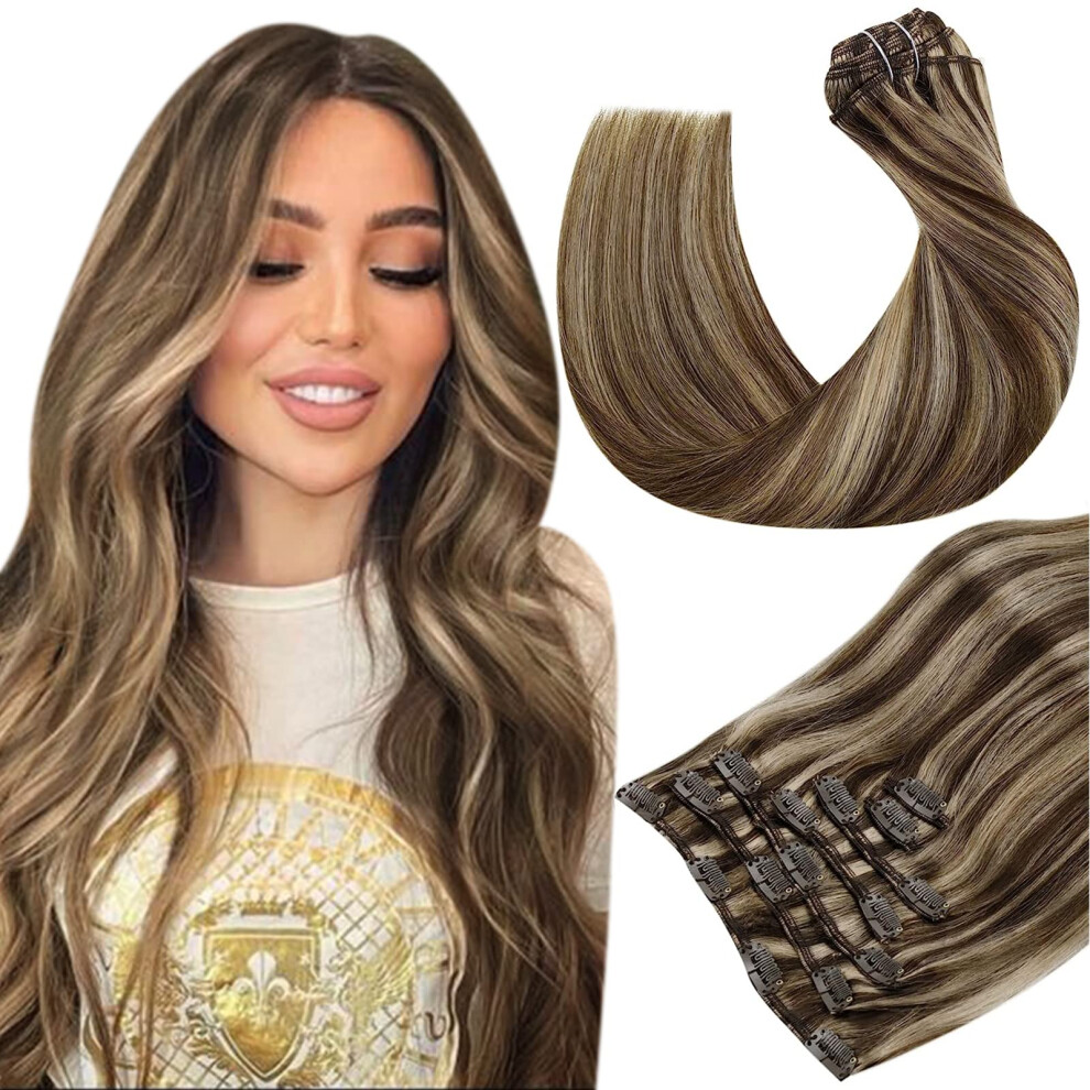 Unisex Brown 18 Inch Remy Human Hair Clip In Extensions Dark Honey Blonde Double Weft 7Pcs 100G