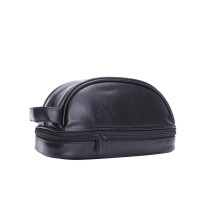 Men's Leather Toiletry Bag Travel Dopp Kit with Dual Zipper Compartments Water Resistant Black