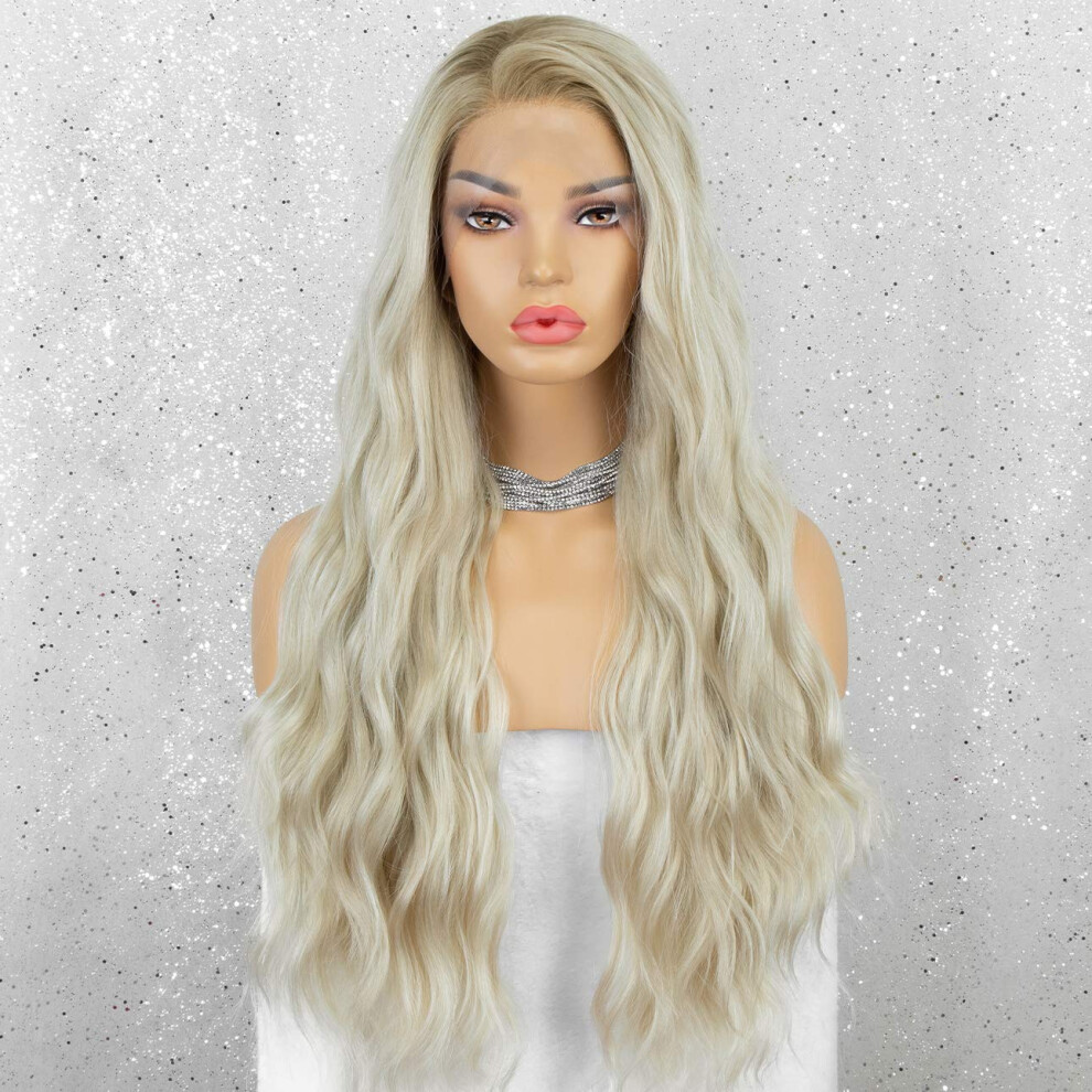 Long Wavy Ombre Blonde Lace Front Wig 24 Inch Heat Resistant Synthetic 150% Density Glueless