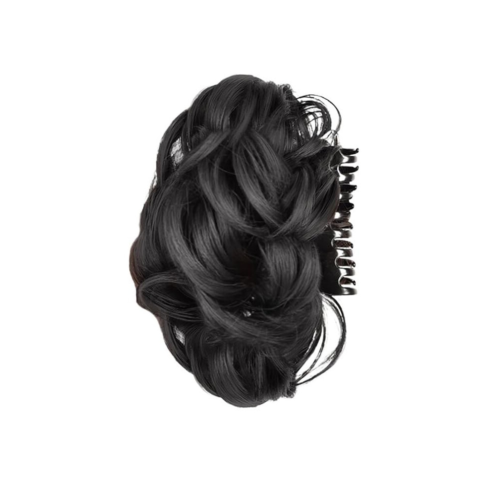Hair Bun Extension with Secure Claw Clip, Wavy Curly Messy Bun Hair Piece for Women, Natural Black