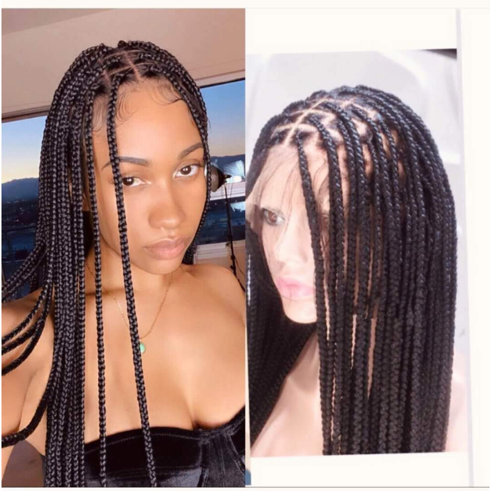 Full Lace Knotless Box Braids Wig 24 Inch Synthetic with Baby Hair Natural Hairline for Women Black