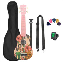 21 Inch Pink Sapele Soprano Ukulele Set with Bag Tuner Richer Tone for Beginners Travel