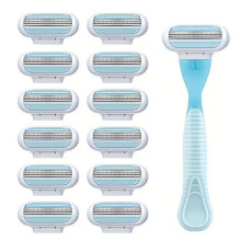 Women's Safety Razor Set with 12 Replacement Heads, 3Layer Precision Blades, Ergonomic Comfort Grip, Blue and White