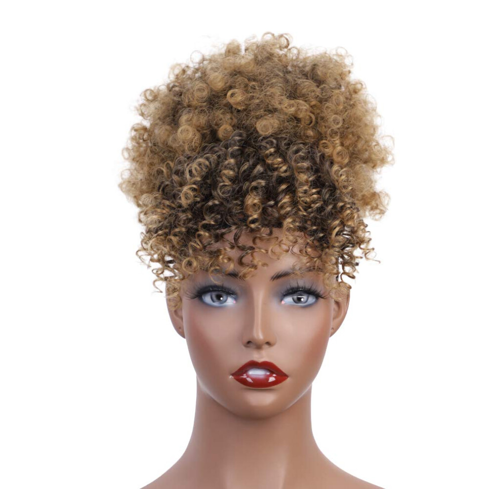 Unisex Afro Puff Drawstring Ponytail With Bangs Blonde Short Curly Hairpiece Extensions For Women T1b/27