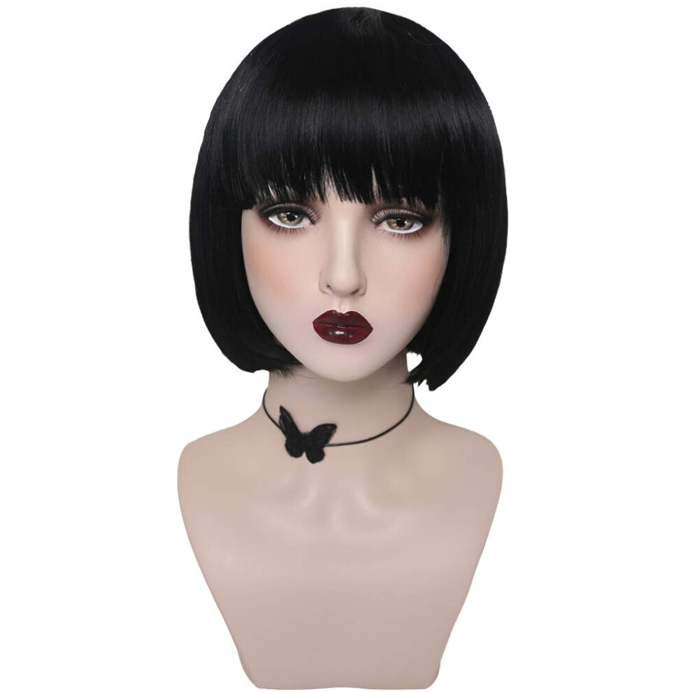 Unisex Black Bob Wig With Bangs 12 Inch Short Synthetic Straight Mia Wallace Style For Women