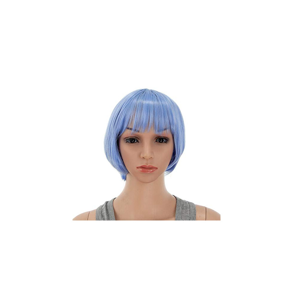 Unisex Blue Bob Wig With Bangs 10 Inch Straight Heat Friendly Synthetic Wig For Women Natural Hairlike Look Dull