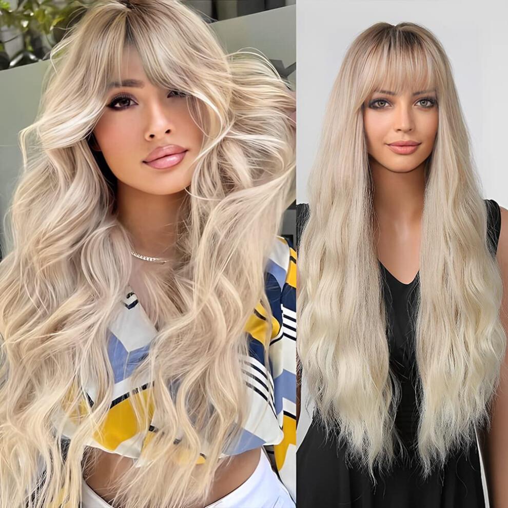 Unisex Blonde Curly Wig With Bangs Ombre Long Synthetic Heat Resistant Hair For Women Girls