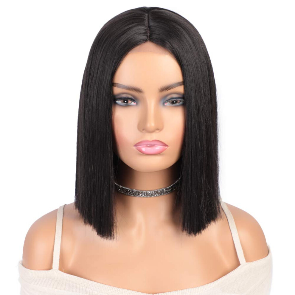 Unisex Black 12 Inch Synthetic Bob Wig With Middle Part, Short Straight Shoulder Length Hair
