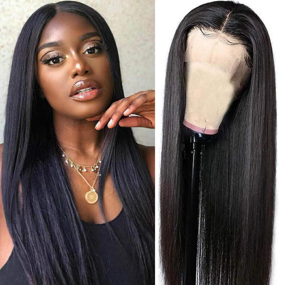 Unisex Black 22Inch Straight Lace Front Brazilian Virgin Human Hair Wigs For Women Pre Plucked