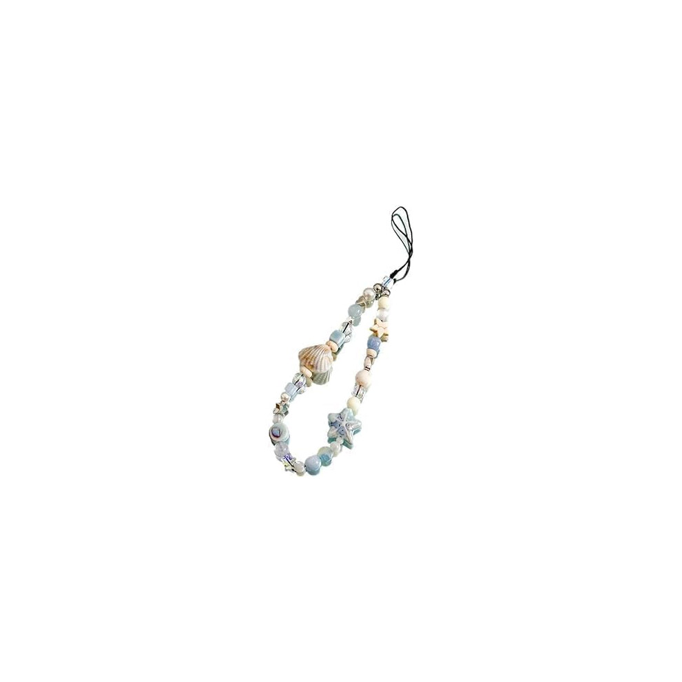 Beach Shell Pearl Phone Charm, 4In1 Beaded Wristlet Keychain Strap, Coastal Style Antilost Lanyard 9070919897153