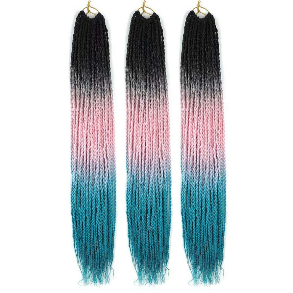 Unisex Pink/Blue 24 Inch Senegalese Twist Crochet Hair, Prelooped Ombre Braiding Hair Extensions, 3Pcs 1B