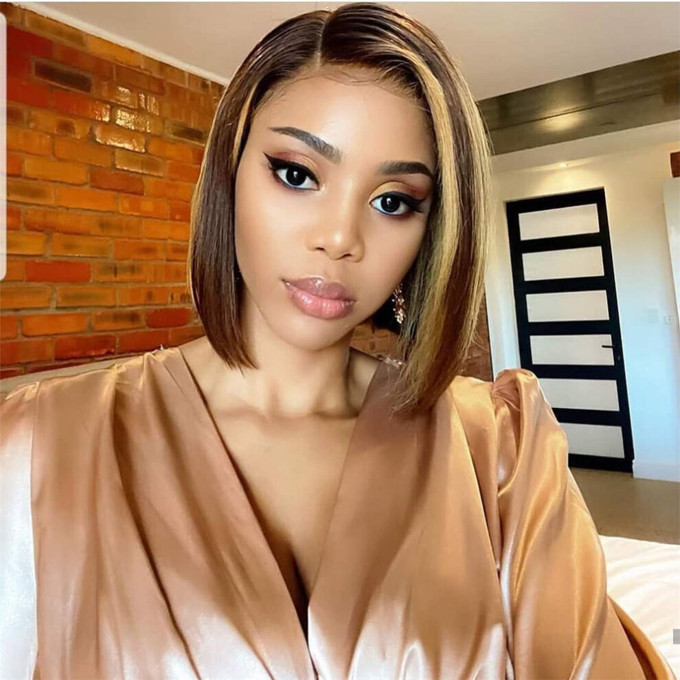 Unisex Human Hair Lace Front Wig Ombre 4/27 Brazilian Remy Bob 8 Inch Straight Pre Plucked Glueless