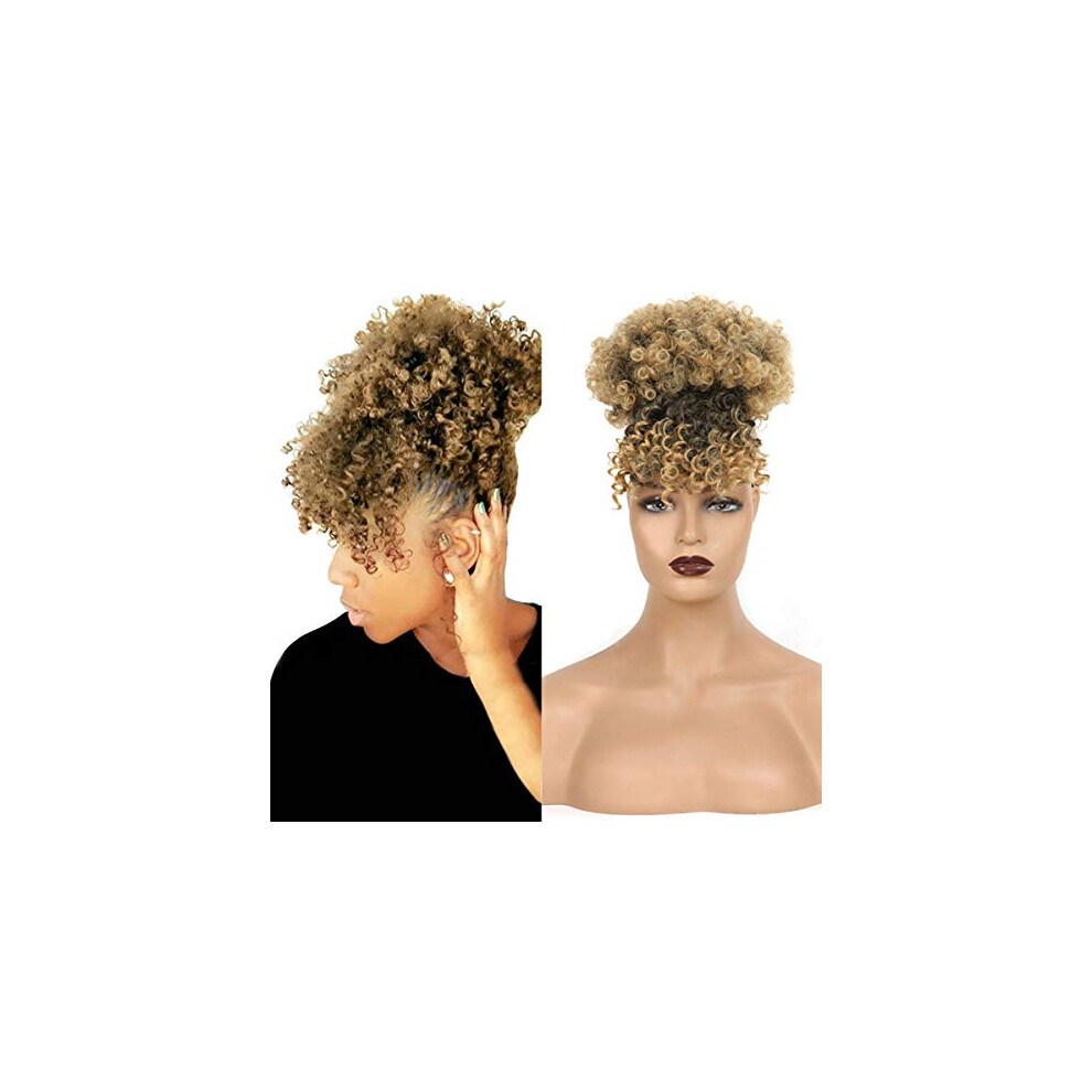 Unisex Black Afro Puff Ponytail With Bangs Synthetic Curly Hairpiece Heat Resistant For Women 1Bt27#
