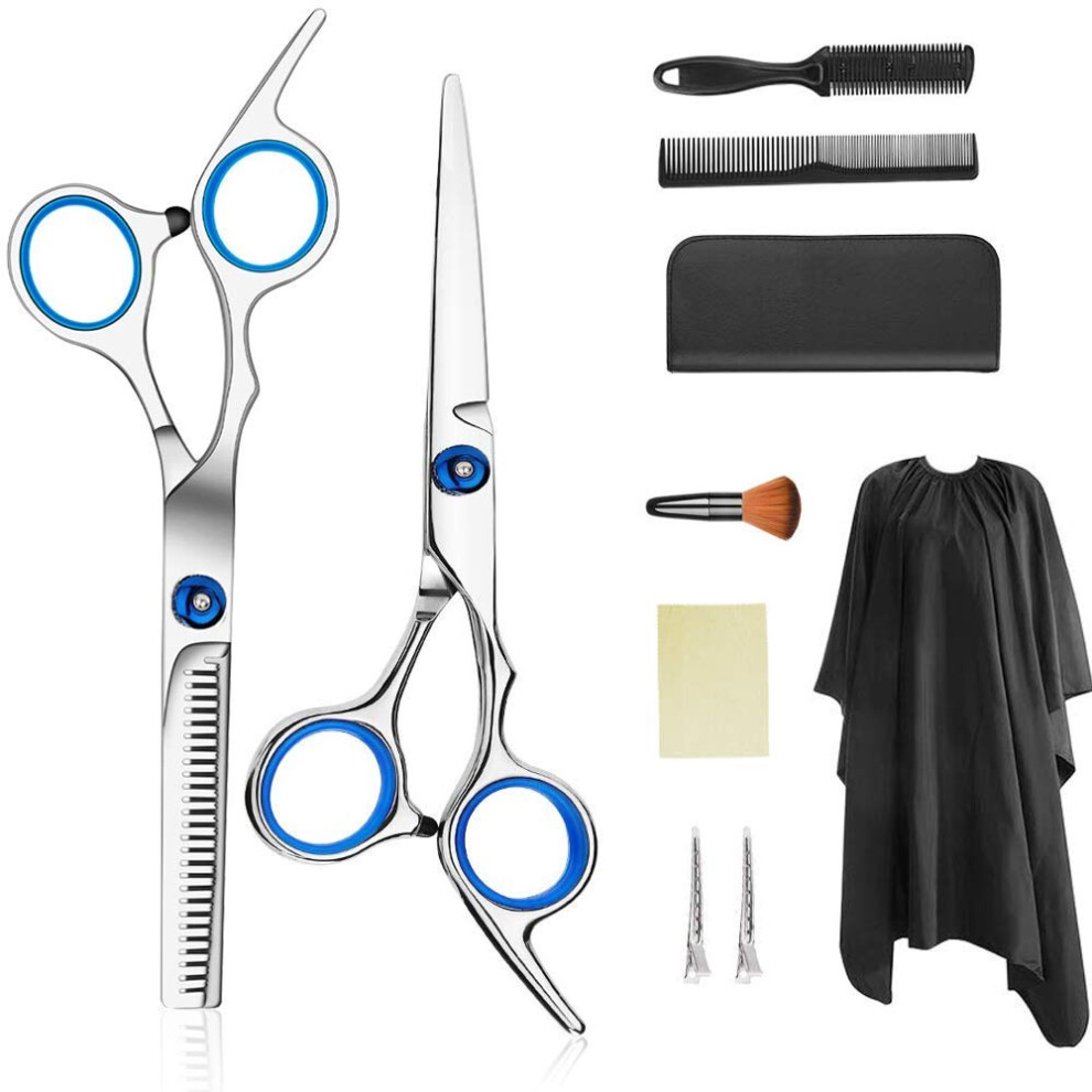 Hair Cutting Scissors Set with Thinning Shears Cape Comb Clips Razor for Home and Salon Use