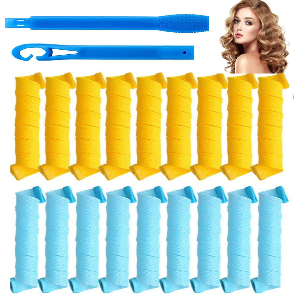 Blue/Yellow No Heat Hair Curlers Set With Styling Hook Spiral Curlers For Long Hair Gentle Hair Protection
