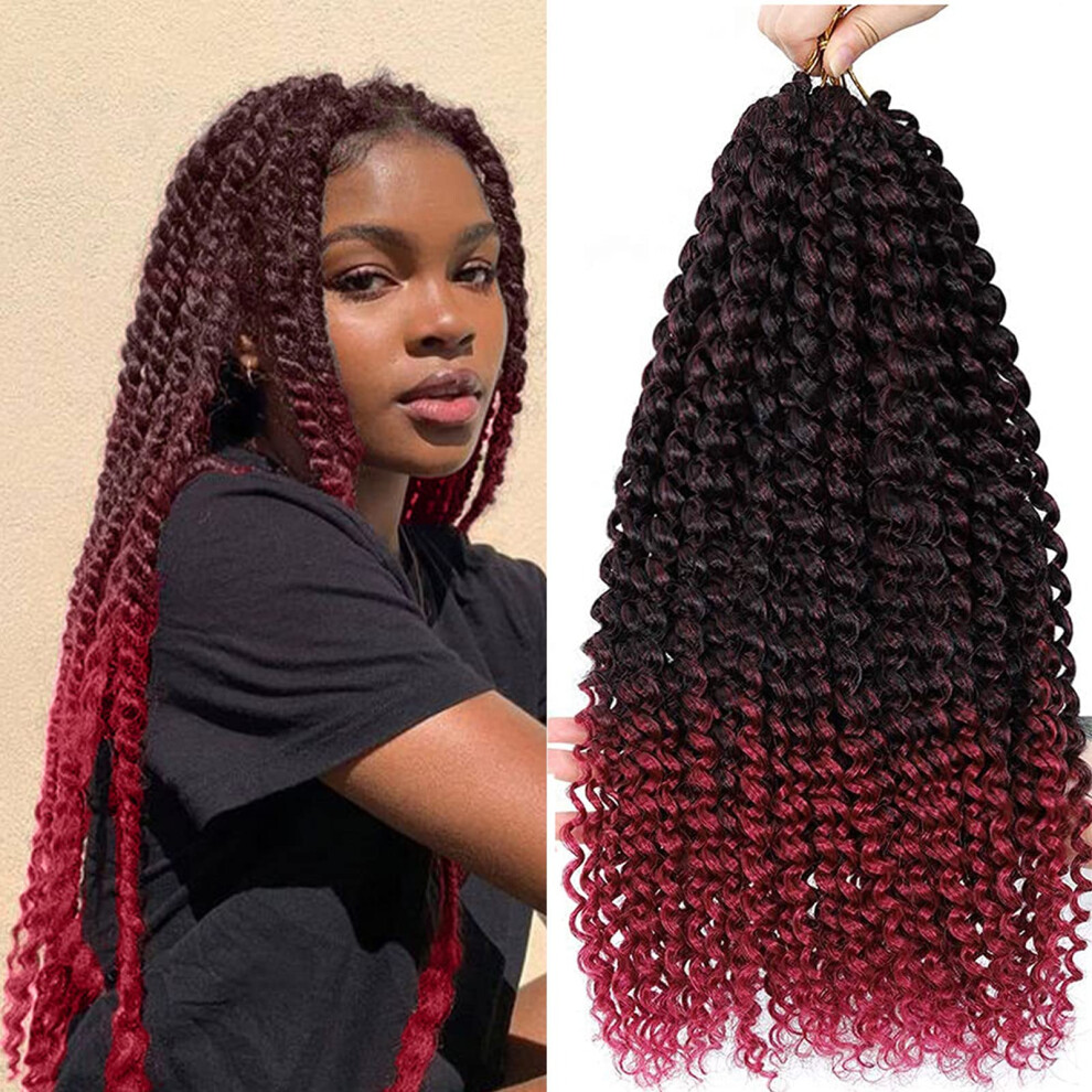 Unisex Burgundy Passion Twist Crochet Hair 18 Inch 1B/ Ombre Water Wave Braids Prelooped Easy Install