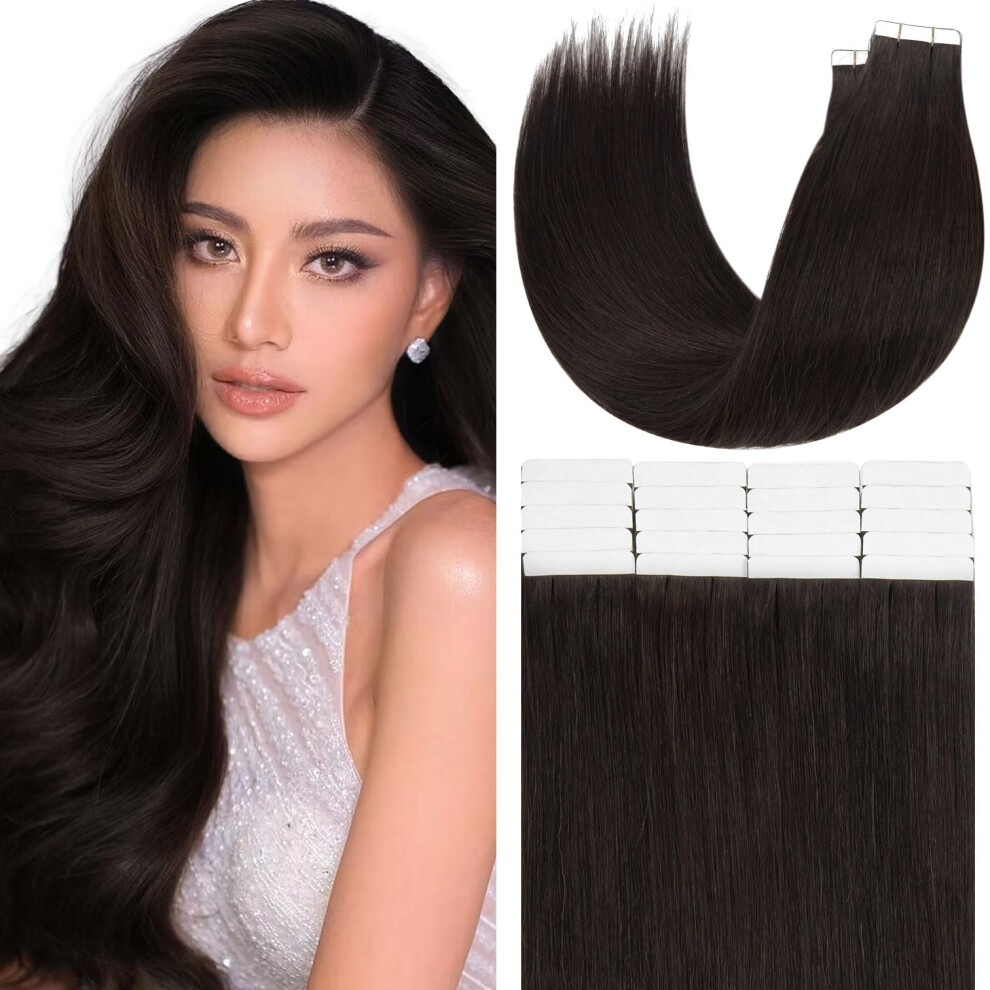 Unisex Black Tape In Hair Extensions Human Hair Remy Natural 16 Inch Invisible Seamless Reusable 20Pcs
