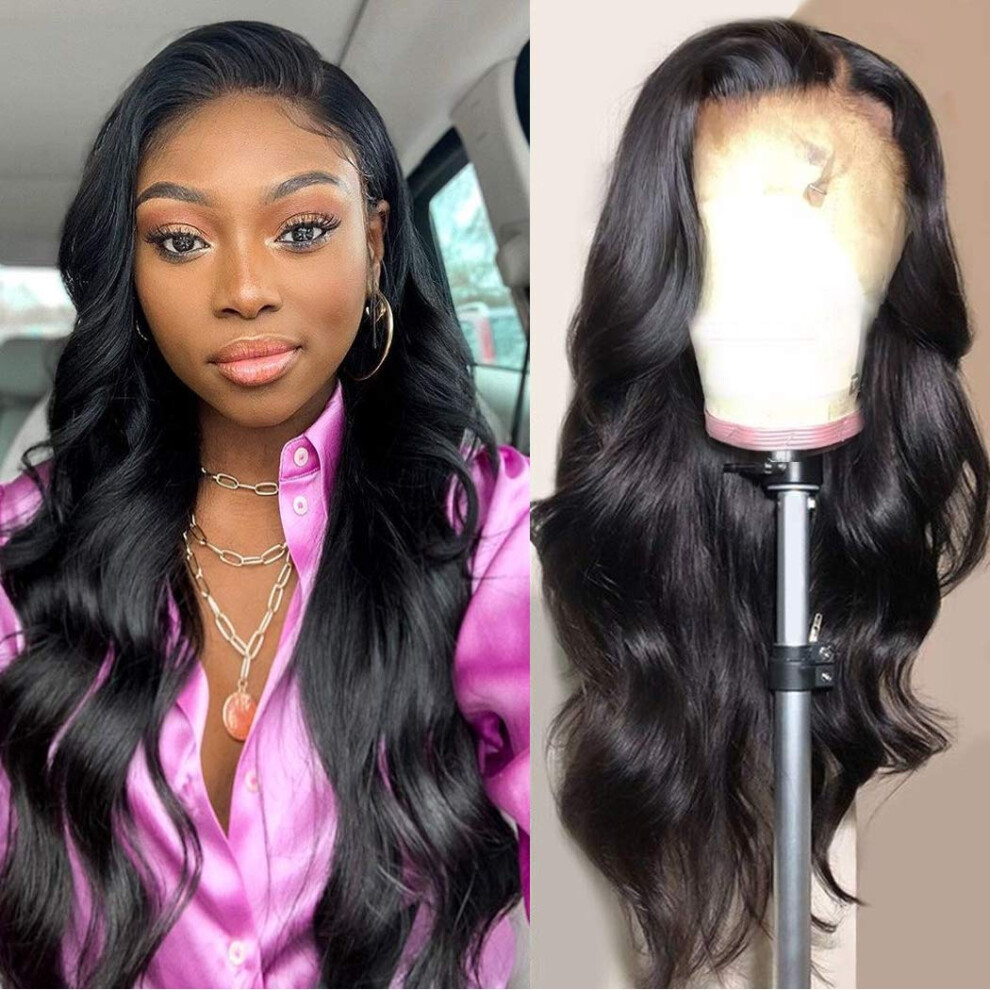 Unisex Human Hair Lace Front Wig Brazilian Body Wave 13X4 Pre Plucked Glueless 150 Density 24Inch Natural Color