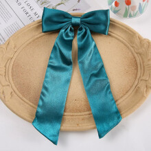 2Piece Satin Ribbon Long Tail Hair Bow Clip for Women Girls 5.9 Inch Wedding Party Green
