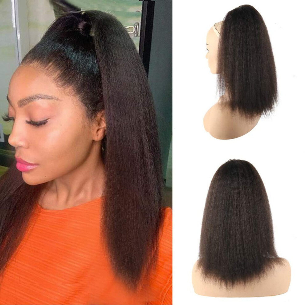 Unisex Black 14 Inch Kinky Straight Drawstring Ponytail Extension For Women, Synthetic Yaki Hair